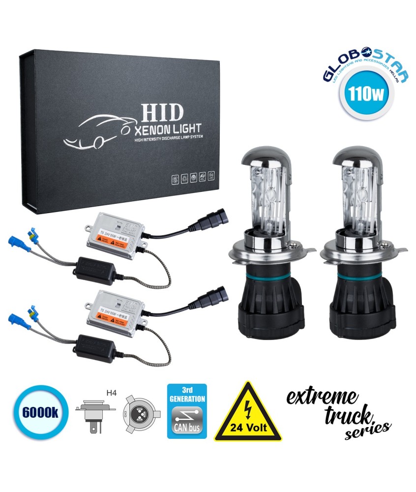 GloboStar® 84124 H4 XCB Line KIT Βασικού Φωτισμού Φορτηγού 3rd Generation Can-Bus Extreme Truck Series Bi-XENON 110W 10350lm DC 24V Αδιάβροχο IP65 Ψυχρό Λευκό 6000K